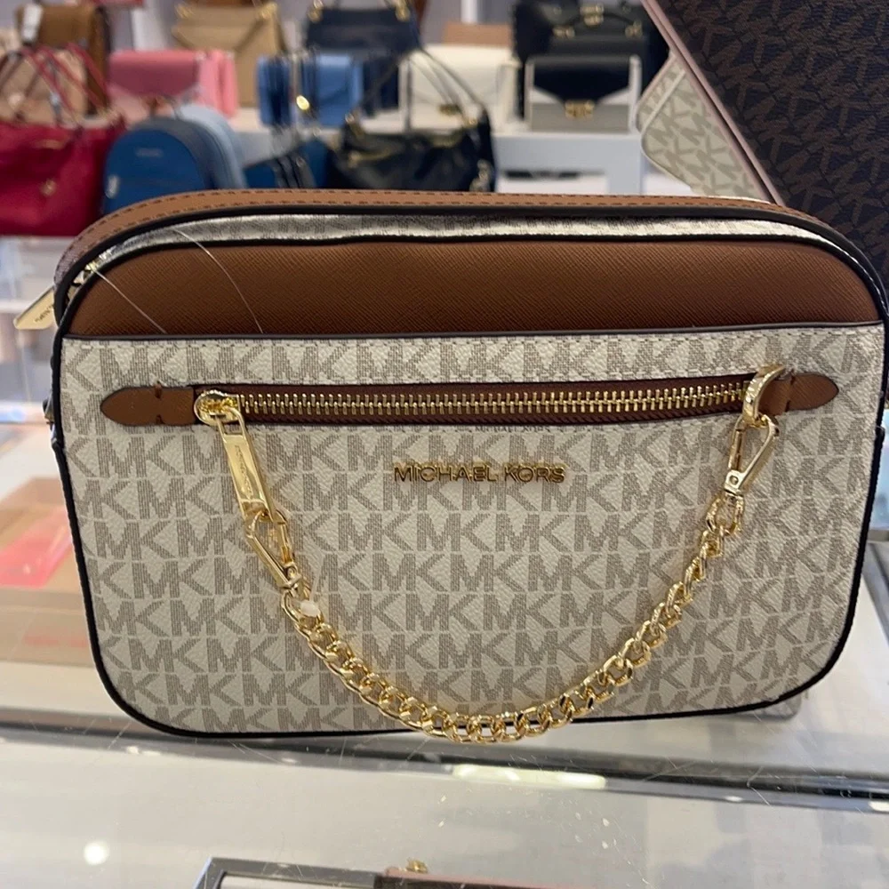 Michael Kors Jet Set Item Large East West Zip Chain MK Signature Crossbody Bag